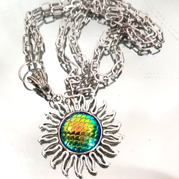 Holographic Sun Silver Pendant Necklace Stainless Steel Cable Chain Boho Hippie - Picture 2 of 5